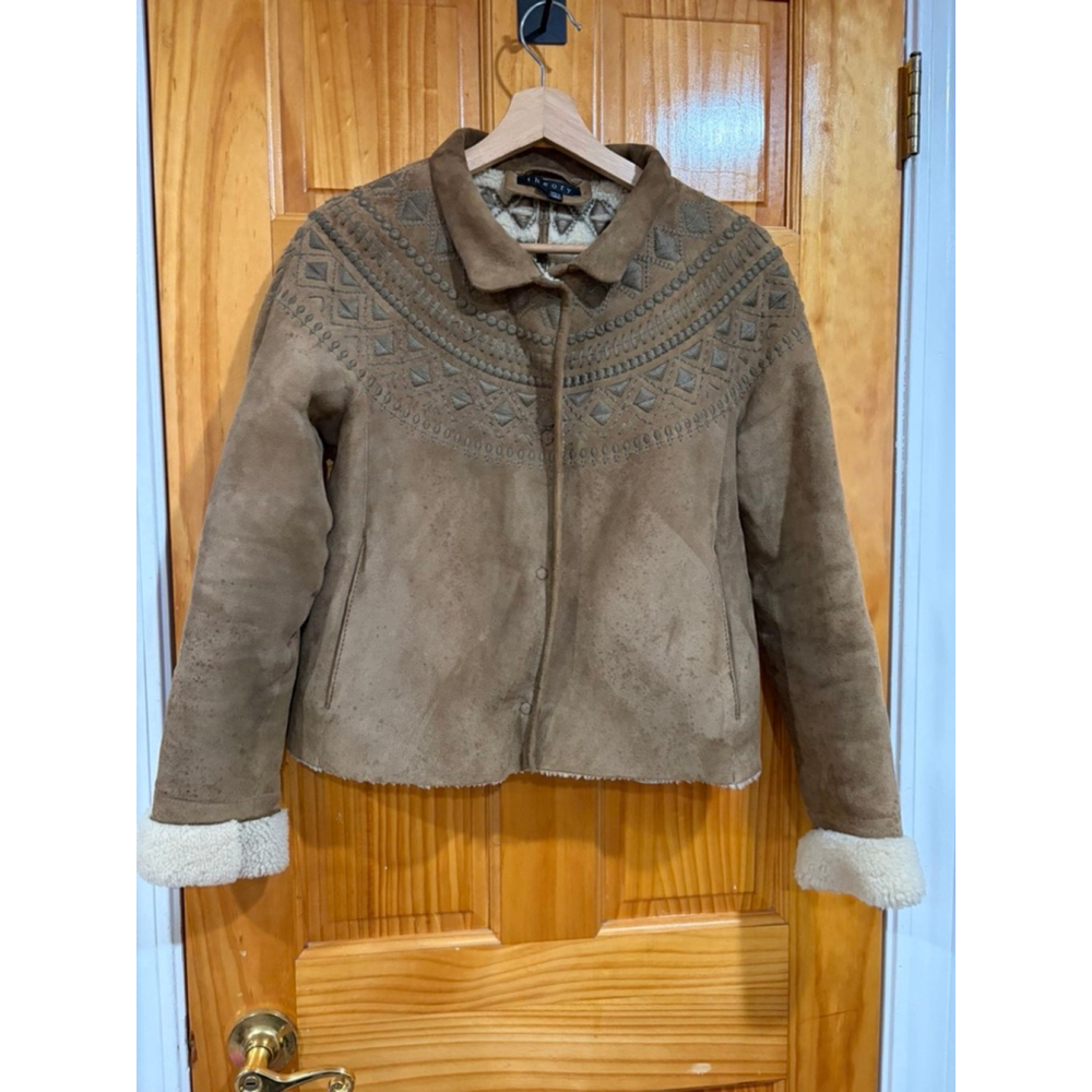 Theory Shearling Suede Embroidered Jacket Brown Lamb Fur Sherpa Lined Sz 4 read